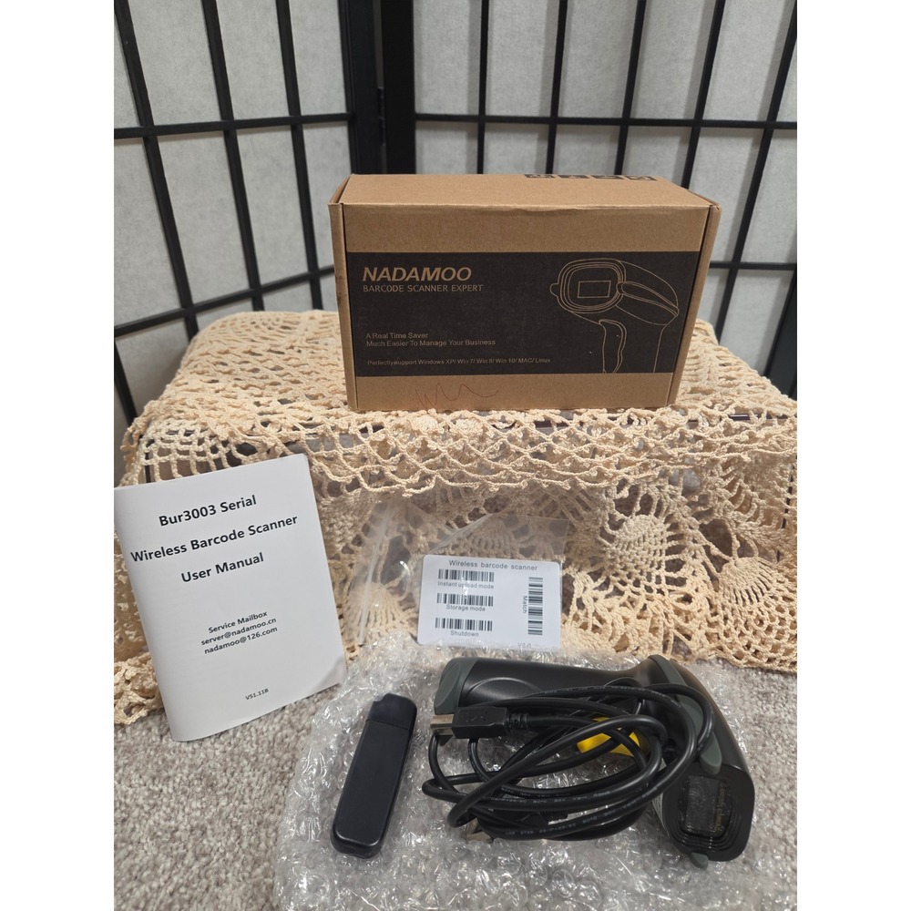 NADAMOO Bur3003 Wireless Barcode Scanner Handheld USB Receiver Windows Mac Linux